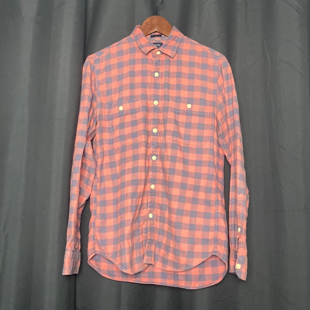 J Crew Flannel in Salmon & Blue check.